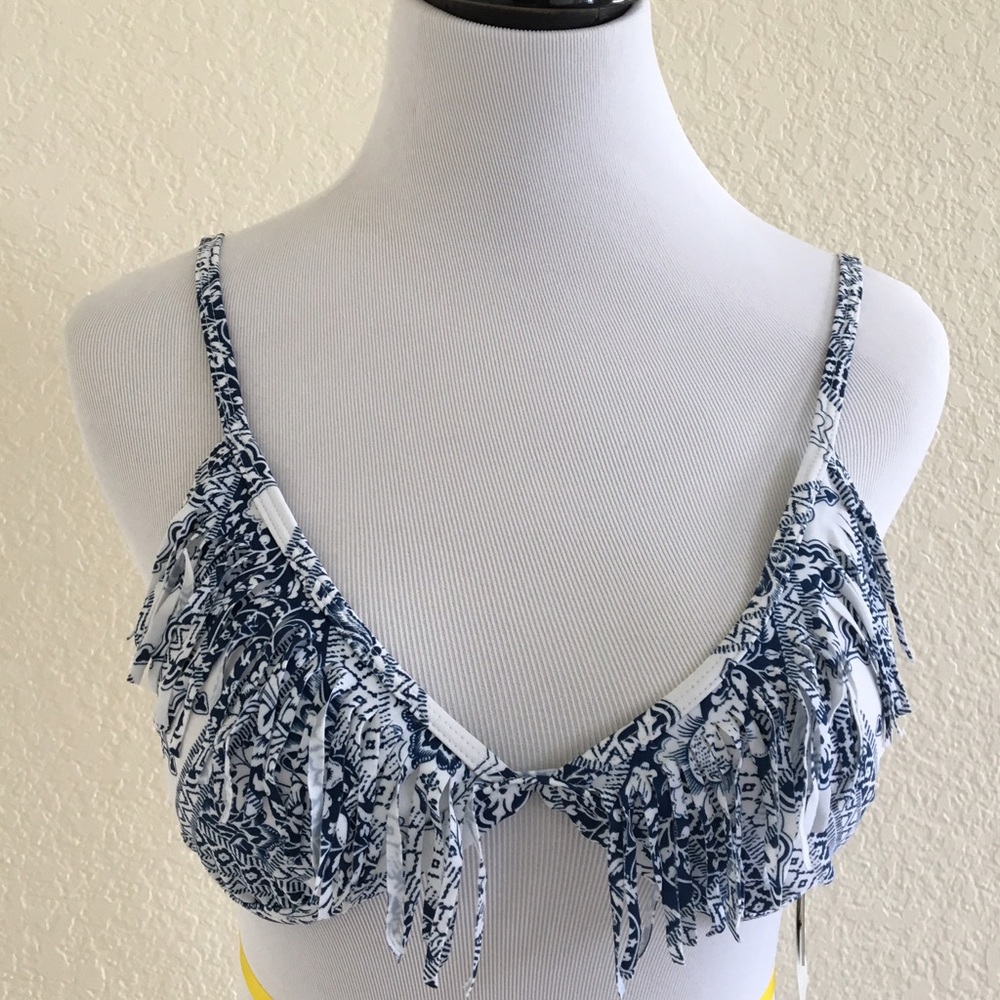 96degrees Blue White Tassel Tie Back Triangle Top